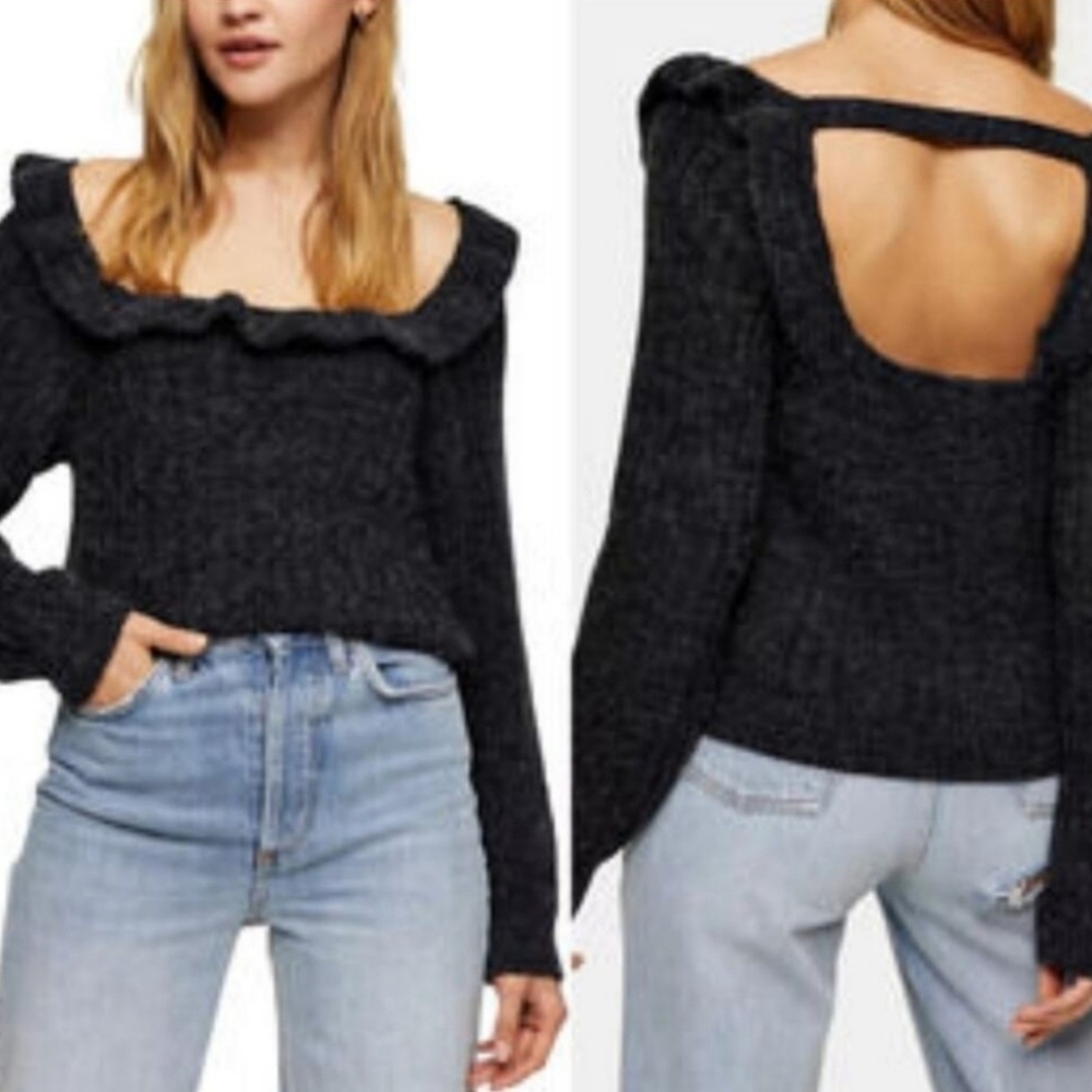 Topshop Soft Open Back Ruffle Detail Charcoal Gray Sweater - Size 4/6